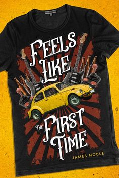 a t - shirt with an image of a yellow car and guitars on the front