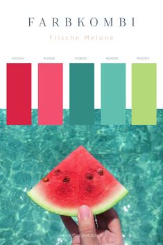 a person holding a piece of watermelon in front of a pool with color swatches