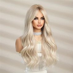 Natural Ombre, Bangs For Women, Wavy Wigs, Light Blonde Hair, Natural Wigs, White Blonde, Platinum Blonde Hair, Wigs Online, Blonde Wig