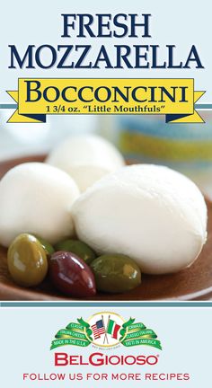 an advertisement for fresh mozzarella with olives and cheese on a plate in the foreground