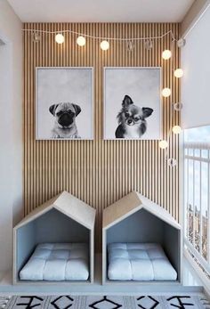 two dog houses are on display in the living room