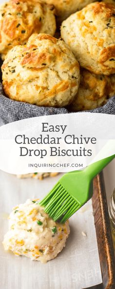 easy cheddar chive drop biscuits with a green spatula