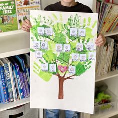 a young boy is holding up a family tree with his hands and fingers painted on it