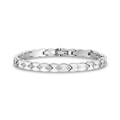 This luxury stainless steel bracelet features a unique link pattern and 6mm (0.23") wide construction, perfect for adding an elegant touch to any look. Embellished with cubic zirconia stones, it is a high-end piece that is sure to be a standout in any collection. Precious Jewelry, Bracelet For Women, Steel Jewelry, Steel Bracelet, Stone Settings, Stainless Steel Bracelet, Link Bracelets, Womens Bracelets, Silver Color