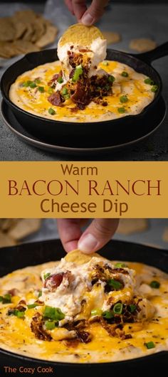 bacon ranch cheese dip in a cast iron skillet being dipped with a tortilla chip