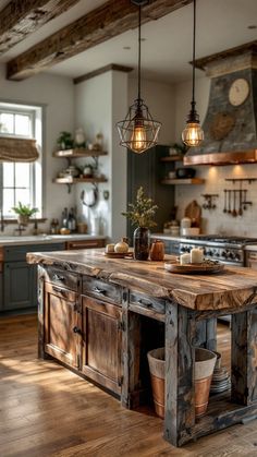 a rustic kitchen with an island made out of wooden planks and lights hanging from the ceiling