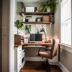 a home office with shelves, desk and chair