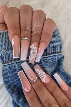 White Ombre Nails, Quince Nails, Acrylic Nails Nude, Flowers Nails, Prom Inspiration, Long Acrylic Nail Designs, Wedding Rose, Prom 2024