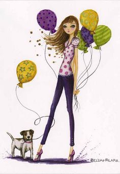 a drawing of a girl with balloons and a dog