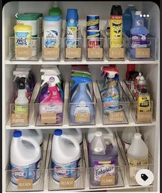 the inside of a refrigerator filled with lots of cleaning products and detergents on shelves