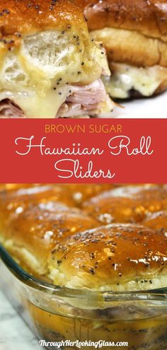 hawaiian roll sliders with ham and cheese in a casserole dish on a marble surface