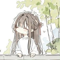 a drawing of a girl with long hair leaning on a fence and looking at something