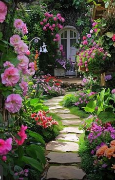 a garden with lots of pink flowers and greenery