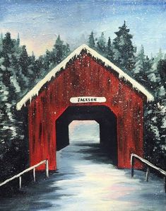 a painting of a red covered bridge with trees in the background and snow on the ground