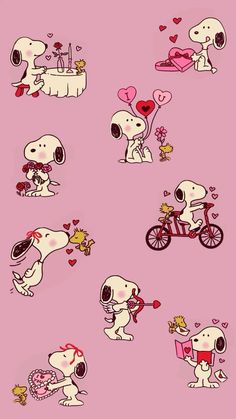 snoopy valentine stickers on a pink background with hearts, flowers and other things