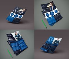 four different views of a brochure with blue and white designs on the front