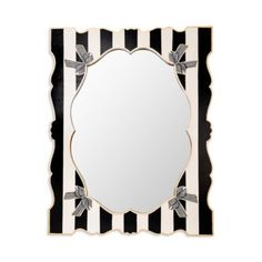 a black and white striped mirror with bows on the border, in front of a white background