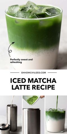 the recipe for iced matcha latte is shown in three different pictures, including one being