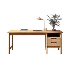 a wooden desk with drawers and a lamp on top, next to a potted plant