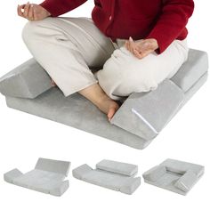 a woman sitting on top of an inflatable mattress with four pillows around her