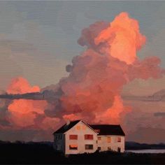 an oil painting of a house in the middle of a field with clouds above it