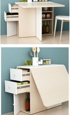 two pictures of a desk with drawers and shelves in the same room, one is open