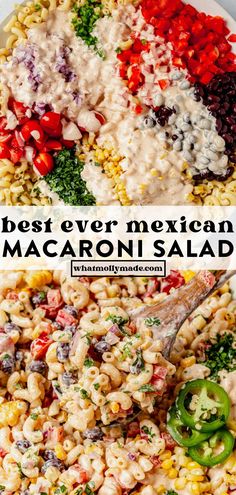 mexican macaroni salad on a white plate with the words best ever mexican macaroni salad