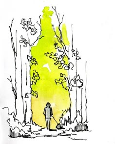 a drawing of a person standing in the woods with a dog on a leash next to a tall tree