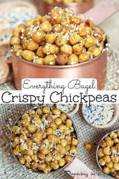 a bowl filled with chickpeas next to other bowls and spoons on a table