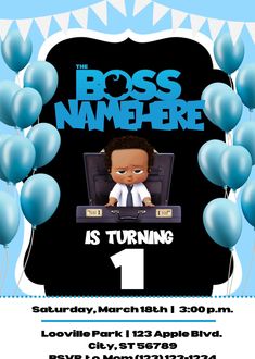 a birthday party flyer with an image of a little boy in a suit and tie