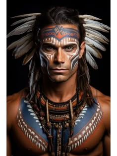 a man in native american clothing with feathers on his head and chest, looking at the camera