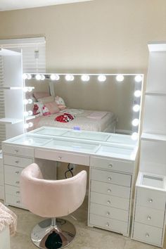 19 Aesthetic Makeup Organization Ideas Hello Kitty Vanity, Makeup Organization Ideas, Bedroom Vanity Set, Lights Makeup, Bedroom Ideas For Small Rooms Cozy, Vanity With Mirror, Lighted Vanity