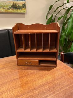 a wooden desk with a book shelf on top of it next to a potted plant