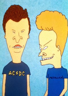 two cartoon characters are standing next to each other, one is frowning and the other has an ac dc t - shirt on