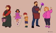 an animated family is standing together