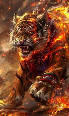 a tiger is running through the fire with its mouth open and it's eyes wide open