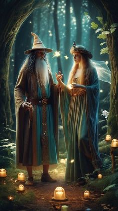 two people dressed as wizard and witch in the woods with candles on the ground around them