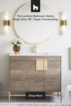 a bathroom vanity with a round mirror above it and the text shop now on top