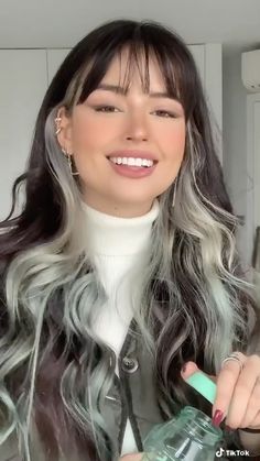 Hair Inspo For Long Brown Hair, Brown Hair Silver Underneath, Hair Color Underneath With Bangs, Underdye Hair With Front Strands, Fun Neutral Hair Color Ideas, Bangs With Under Color, Money Piece Hair With Bangs Brown, Black Root Hair Ideas, Dark Hair With Blonde Front Pieces Underneath