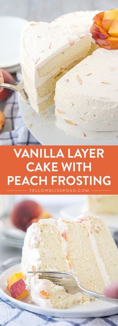 vanilla layer cake with peach frosting is on a white plate and has a slice taken out