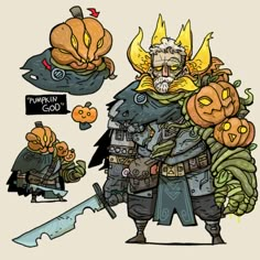 an image of a cartoon character with pumpkins on his head and holding a knife