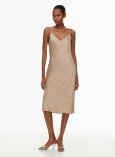 NEW ONLY SLIP SATIN MIDI DRESS | Aritzia Fall Activewear, Glossier Look, Lingerie Dress, Poplin Dress, Satin Midi Dress, Satin Slip, Satin Slip Dress, Summer Staples, Cut It