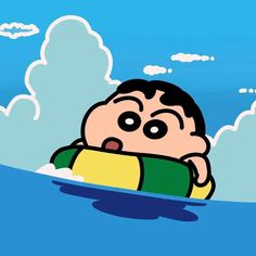 a cartoon character floating in the water with a life preserver