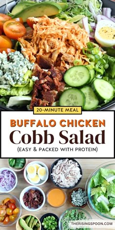 the buffalo chicken cobb salad is ready to be eaten and served with dressing sauces