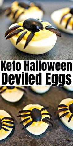 some kind of deviled eggs with black and yellow decorations on them, in the shape of a spider