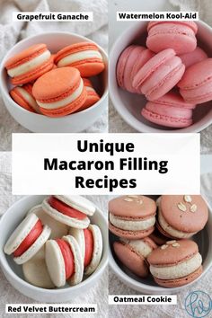 four flavors of macarons sitting in separate bowls. Flavored Macarons Recipe, Fun Macaron Flavors, Macaroons Filling Recipe, Macaron Flavors Ideas, Macaron Filling Ideas, Macaron Fillings, Flavored Macarons, Macaroons Flavors, Buttercream Ganache