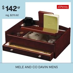 Clean design and a luxuriant burlwood finish give the Mele & Co. Davin men's dresser top valet the quality of rich refinement. Offering one drawer, coin slide and plenty of open storage, this urbane organizer is posh and practical.covered compartment with 2 open sections and 1 set of ring rolls2 back compartments with open storageopen drawer with brushed silver-tone hardwareMDF with sueded ivory fabric liningjewelry not includedFeatures: Quick ShipMeasurements: 7.8 Depth/Inches, 4 Height/In… Mens Dresser, Dresser Valet, Mens Valet, Leather Valet Tray, Accessories Organizer, Dresser Top, Dresser Organization, Jewelry Holders, Dresser Storage