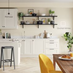 the kitchen is clean and ready to be used for cooking or dining, with yellow chairs