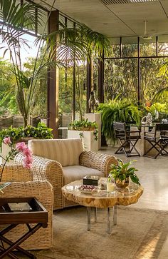 a living room filled with furniture and lots of plants