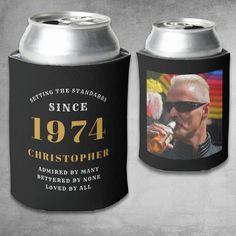 a can cooler with an image of a man drinking from a beer in front of it